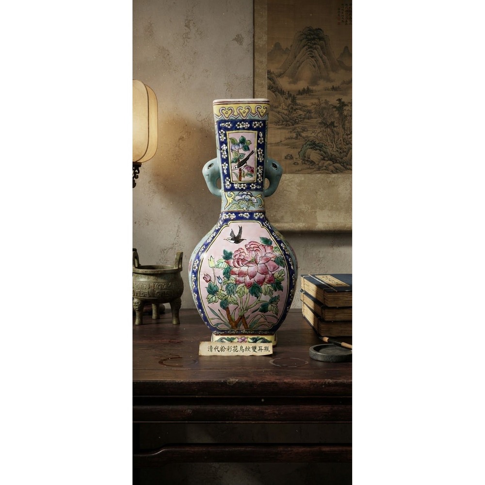Chinese Famille Rose Porcelain Vase Elephant Handles Floral Bird 12.5" Vase